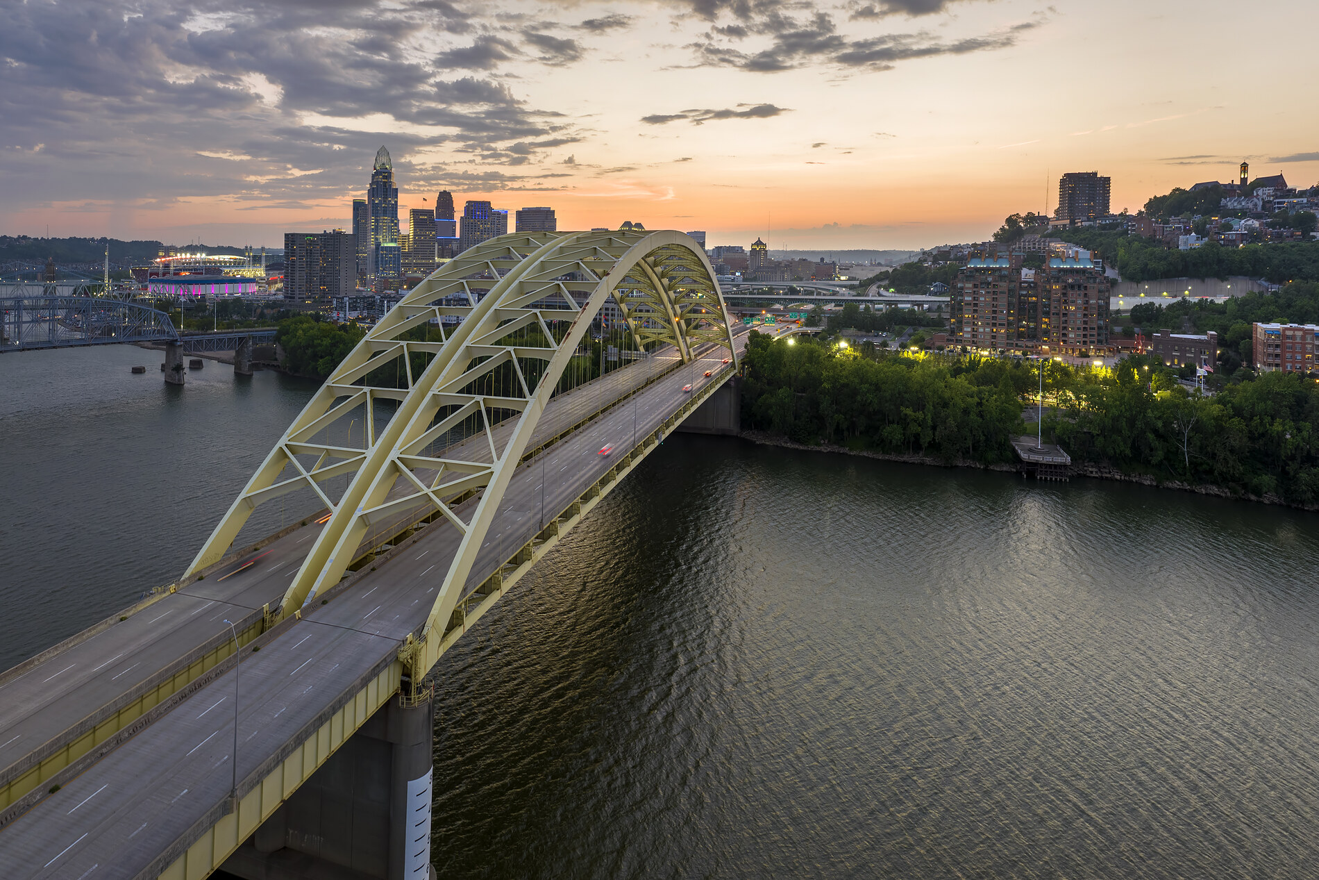Pittsburgh bridges and highway lit at night