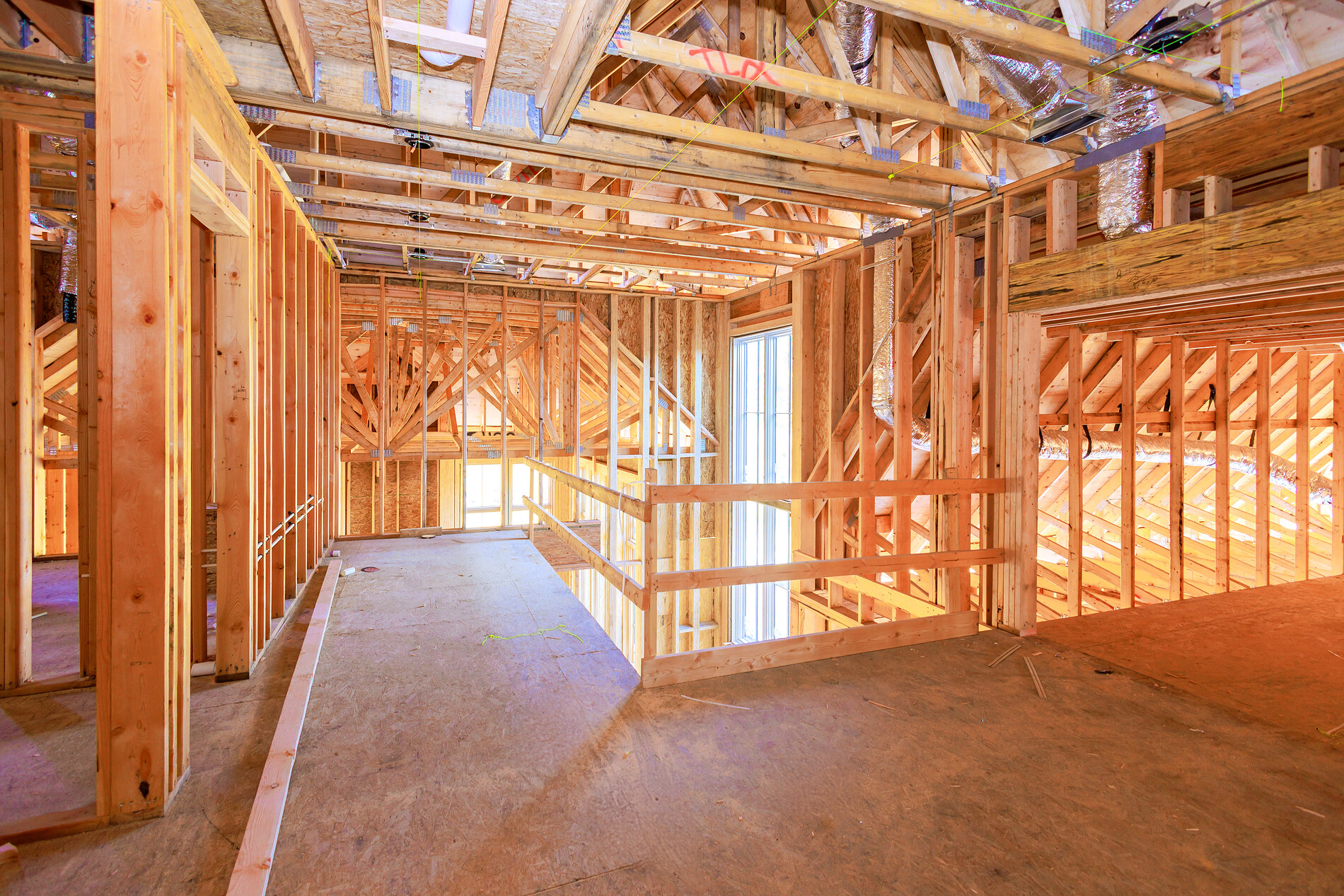 Wood truss framing on a commercial interior build