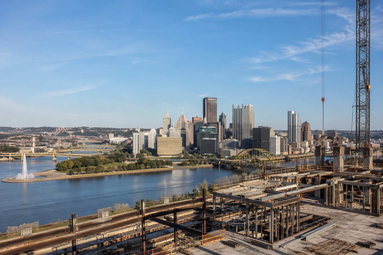 Downtown Pittsburgh skyline seen across the river from an industrial riverfront