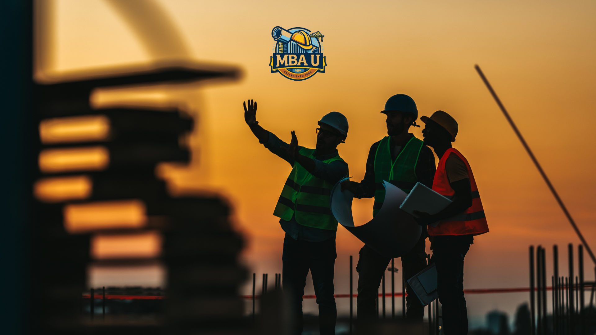 Construction workers in hard hats silhouetted at sunset, MBA U